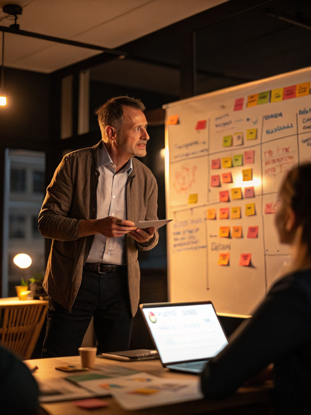 Technology services founder discussing financial performance in office conference room