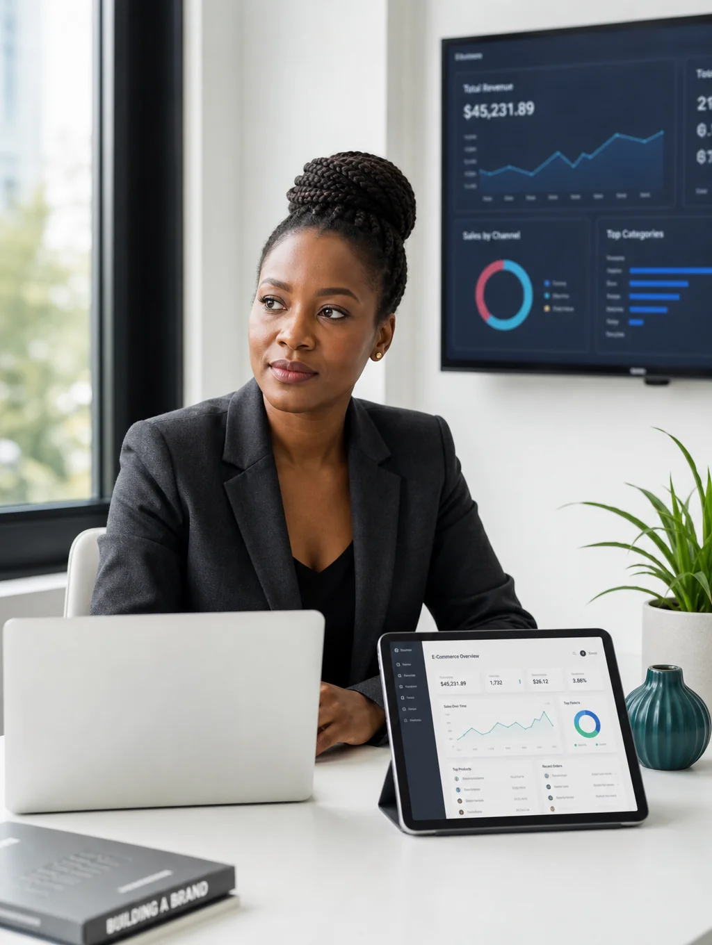 Black agency founder collaborating with creative marketing team around project dashboard