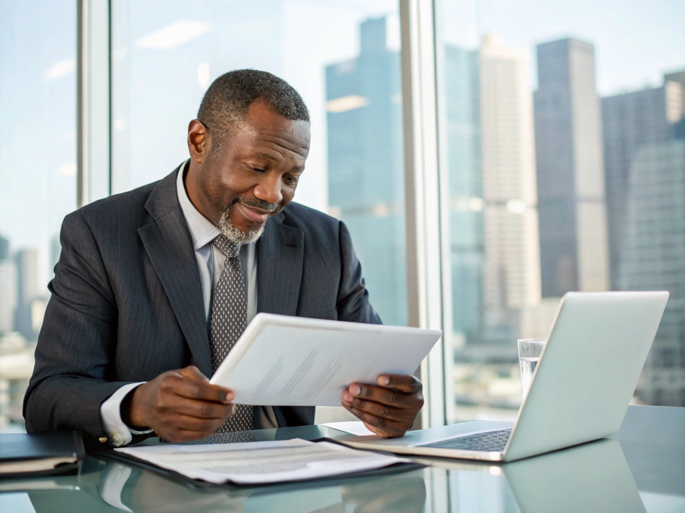 Confident Black business owner reviewing financial strategy and growth plans in a bright modern workspace