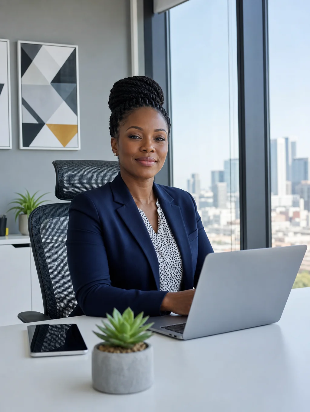 Black female management consultant reviewing cash forecasting benchmarks on laptop in modern office