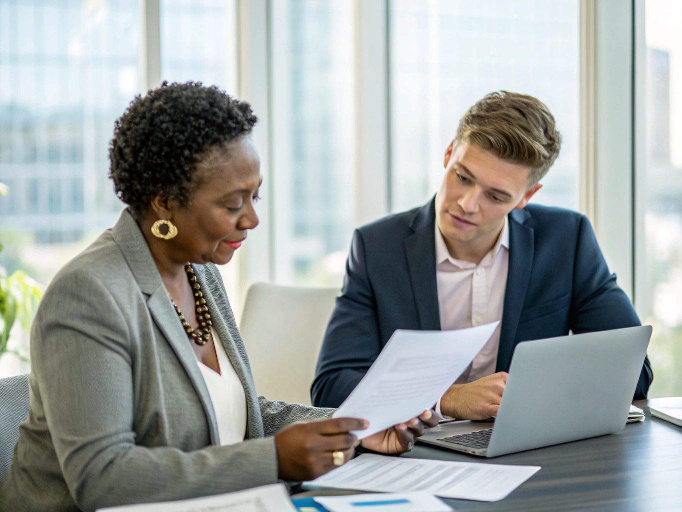 Black CPA and business owner reviewing monthly accounting statements together