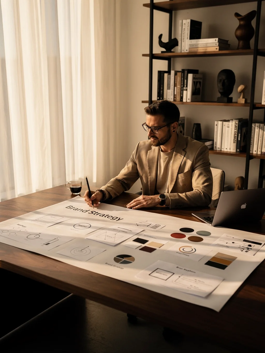 Black creative agency director reviewing project profitability metrics in design studio