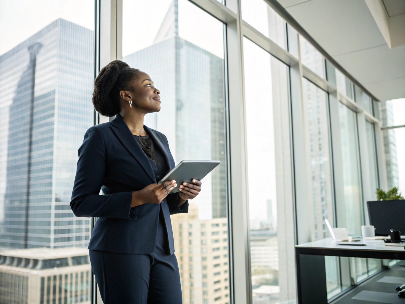 Black female executive analyzing cash flow and margin telemetry on dual monitors