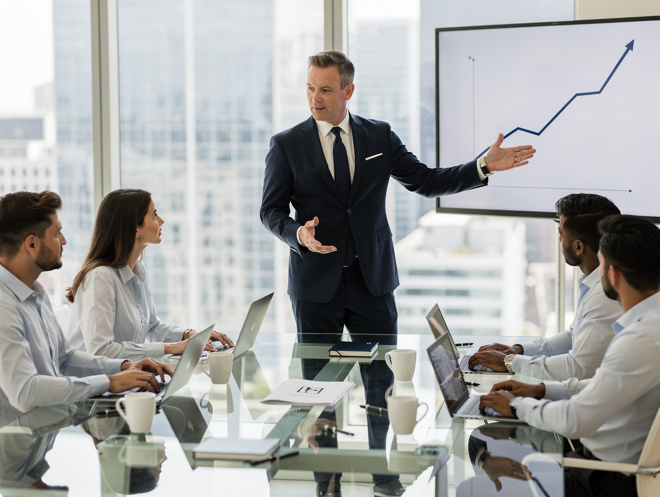 Black fractional CFO leading financial strategy review at executive boardroom table
