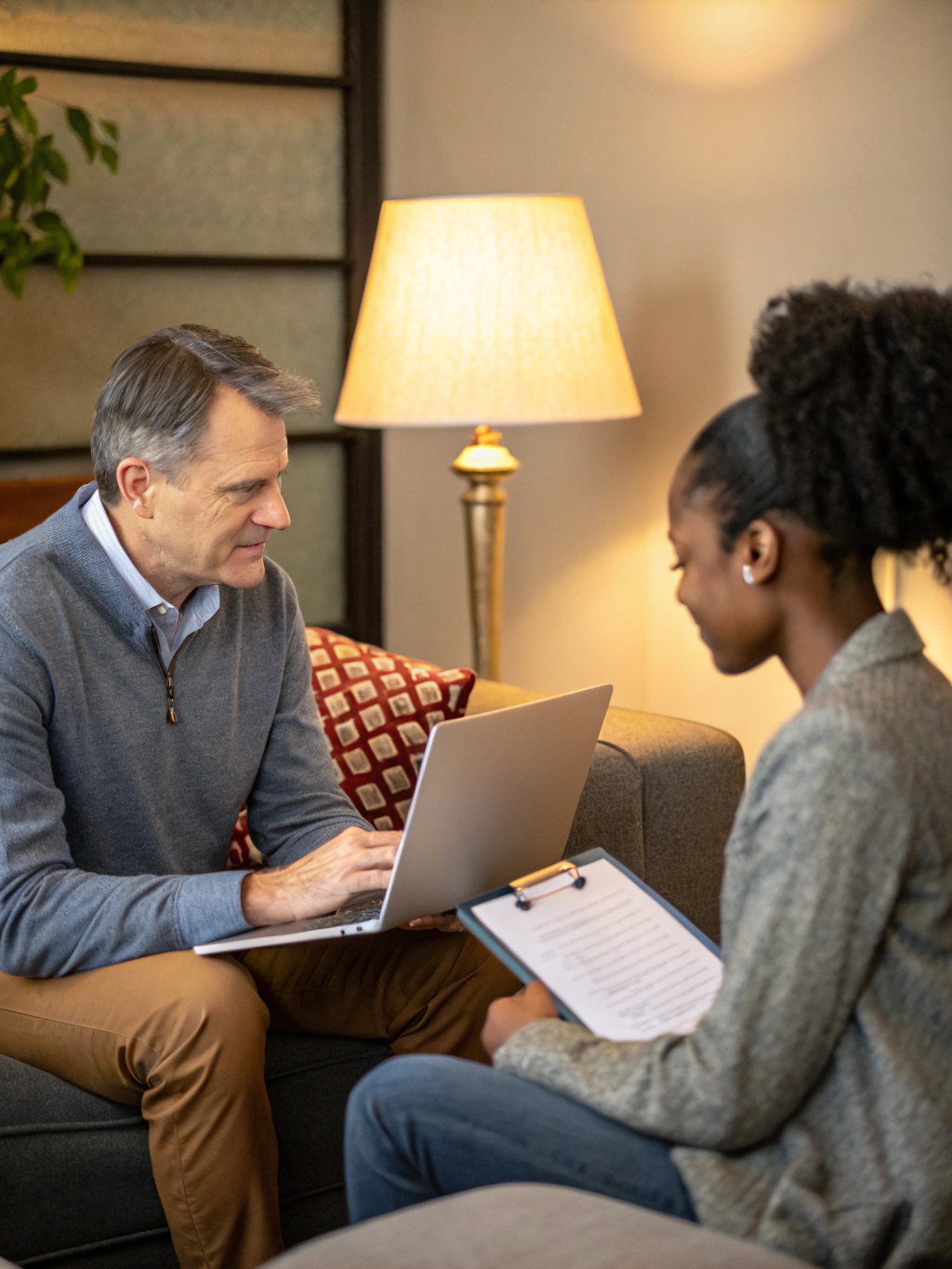 Black senior executive recruiter interviewing candidate in sunlit contemporary office
