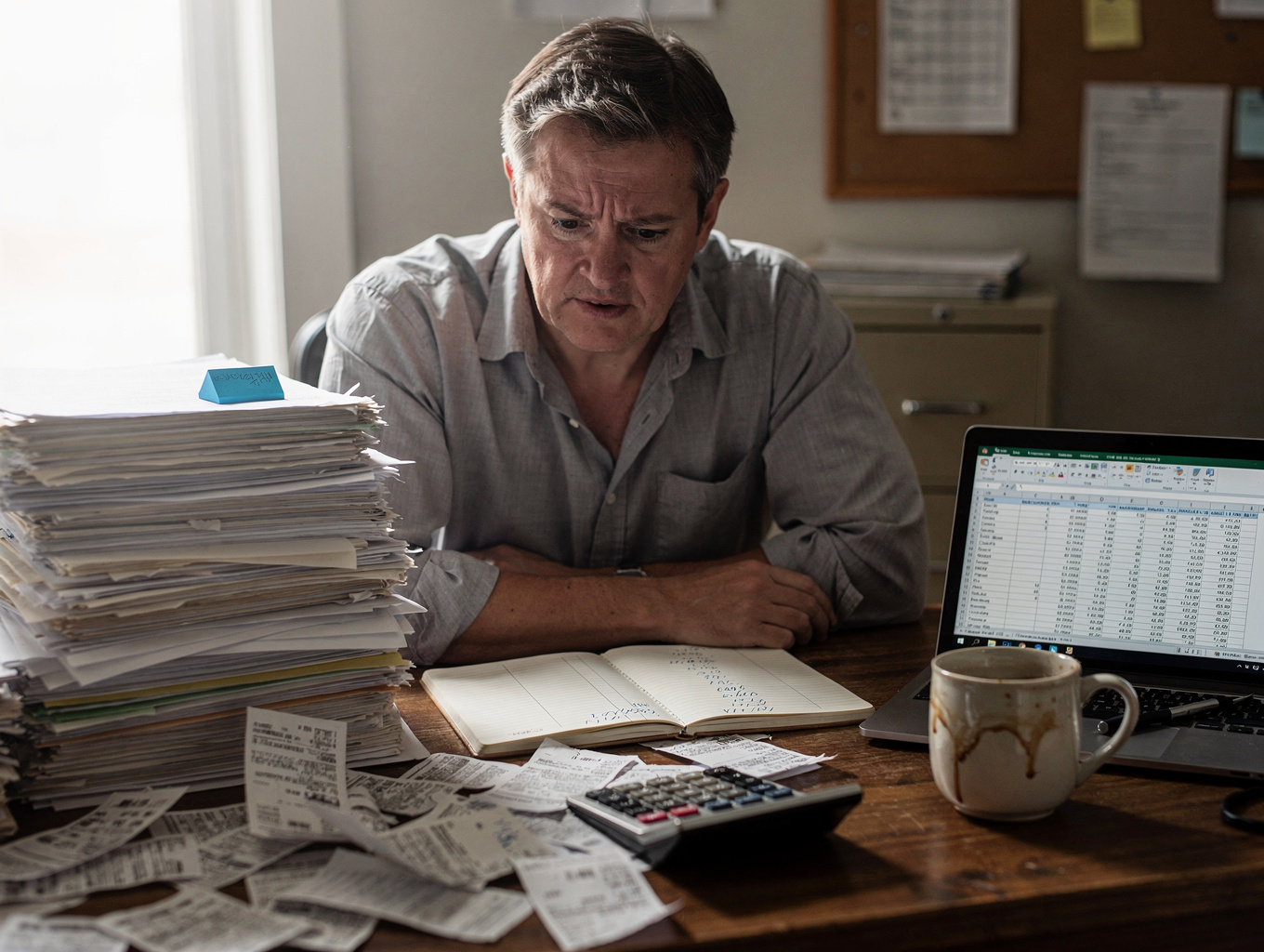 Black business owner feeling overwhelmed while reviewing complex financial spreadsheets and tax records