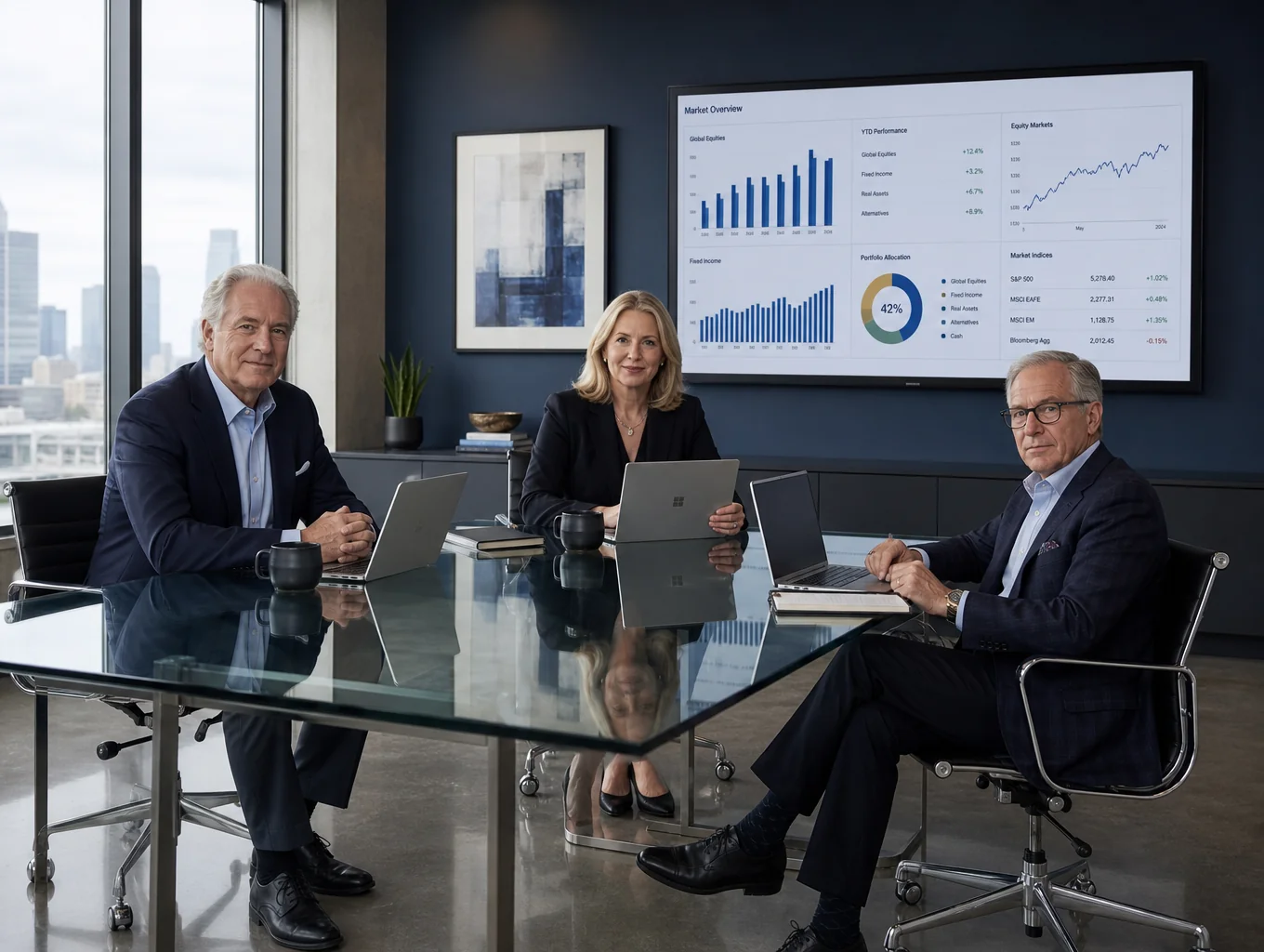 Advisors examining real-time synchronized financial operating architecture